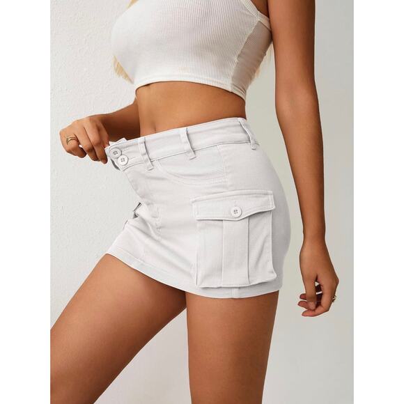 White Stretch Cargo Mini Skirt Size Medium Y2K Festival Pockets Elleven NEW - Picture 3 of 8